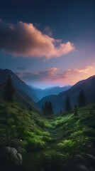 Mountain and forest scenery with sunsets and sunrises, featuring sno