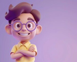 Smiling cartoon boy with glasses and brown hair, wearing a yellow shirt against a purple background.