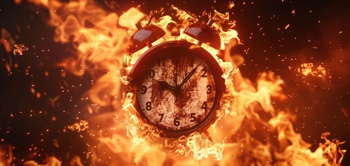 Alarm clock burning in fire, time numbers distorted close up panic futuristic Composite fiery glow