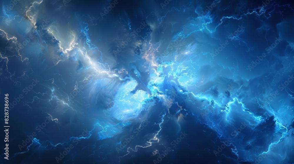 Poster cosmic quantum fusion explosive nebula lightning in foggy blue void fractal plasma physics galactic 