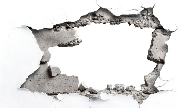 Hole breaking through white wall, cut out