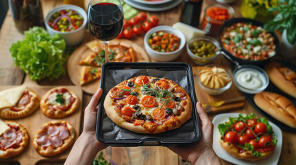 Vegetarian pizza with tomato in the cardboard box