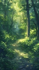 Fototapeta premium Quiet Nature Trail Winding Through Lush Green Forest with Sunlit Foliage and Atmospheric Haze