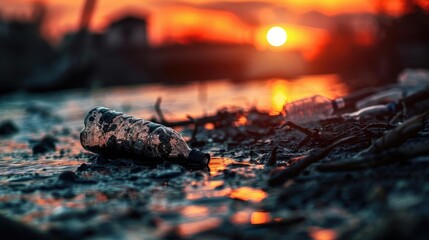 A close-up of a polluted riverbank with plastic bottles and debris, highlighting environmental pollution at sunset.