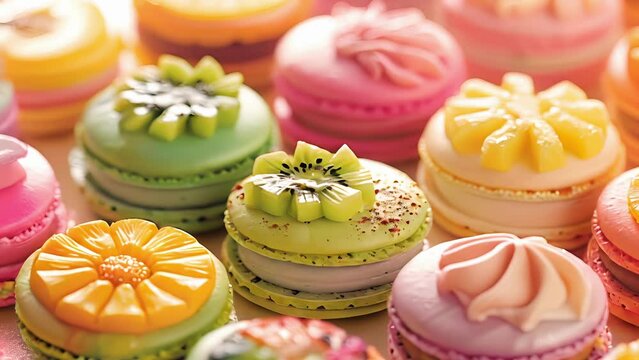 A display of colorful macarons inspired by tropical fruits such as mango pineapple and kiwi.