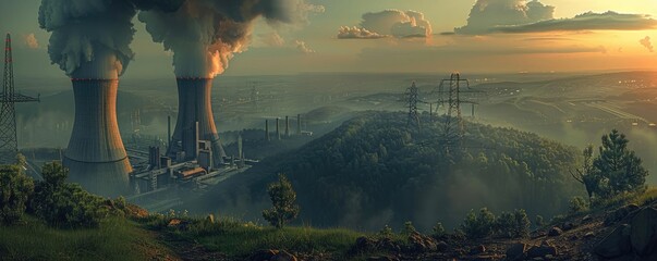 Industrial power plant with large cooling towers emitting smoke, set against a scenic landscape with a vibrant sunset in the background.