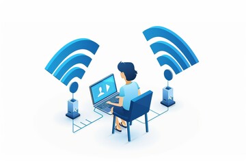Person sitting in a high tech room surrounded by screens and Wi Fi symbols, representing digital surveillance and connectivity