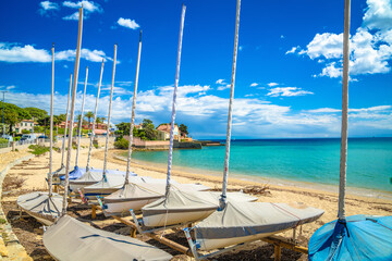 Sainte Maxime sand turquoise beach and sailboats view