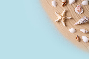 Flat lay with sand and starfish, vacation and relax concept