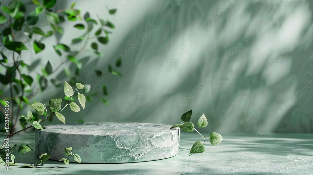 Poster elegant green podium display with floating leaves and stone texture 3d product rendering