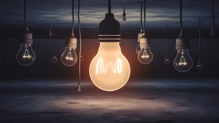 One of Lightbulb glowing among shutdown light bulb in dark area with copy space for creative thinking , problem solving solution and outstanding concept by 3d rendering technique