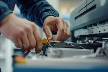 technician's hands repairing medical equipment in a hospital