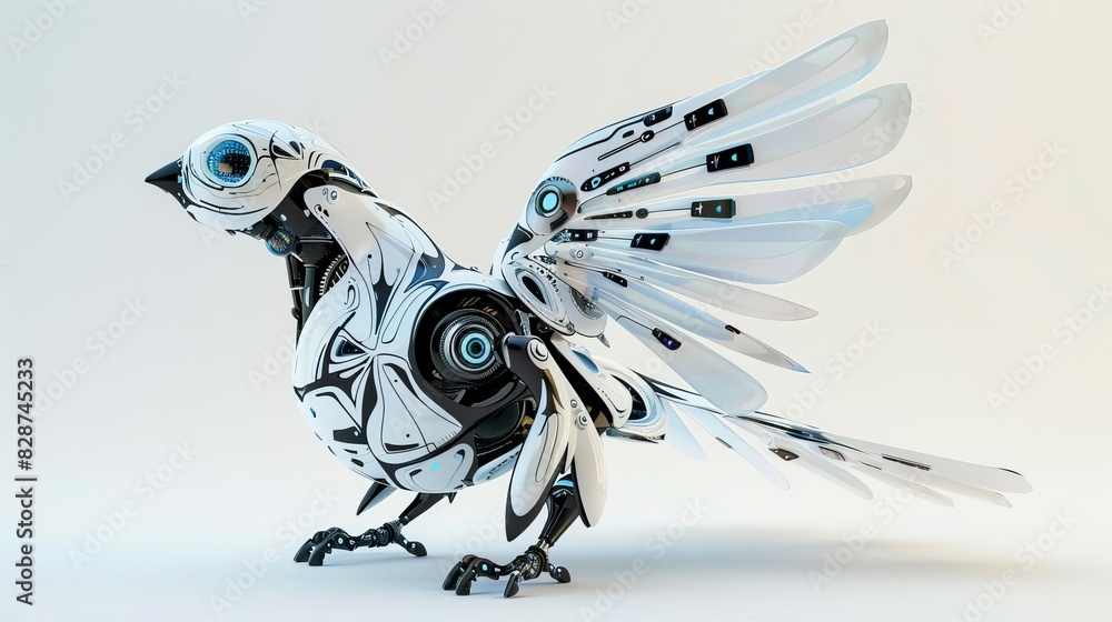 Poster futuristic robotic bird mechanical winged creature with artificial intelligence