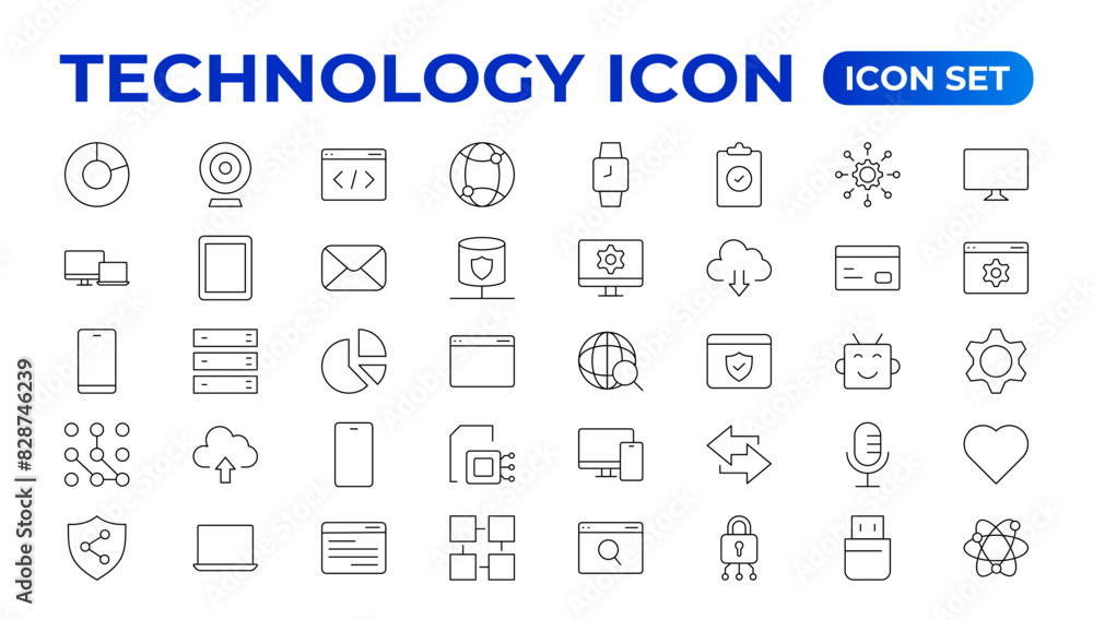 Poster technology line icons. technological and device in various industries. icons for websites, applicati