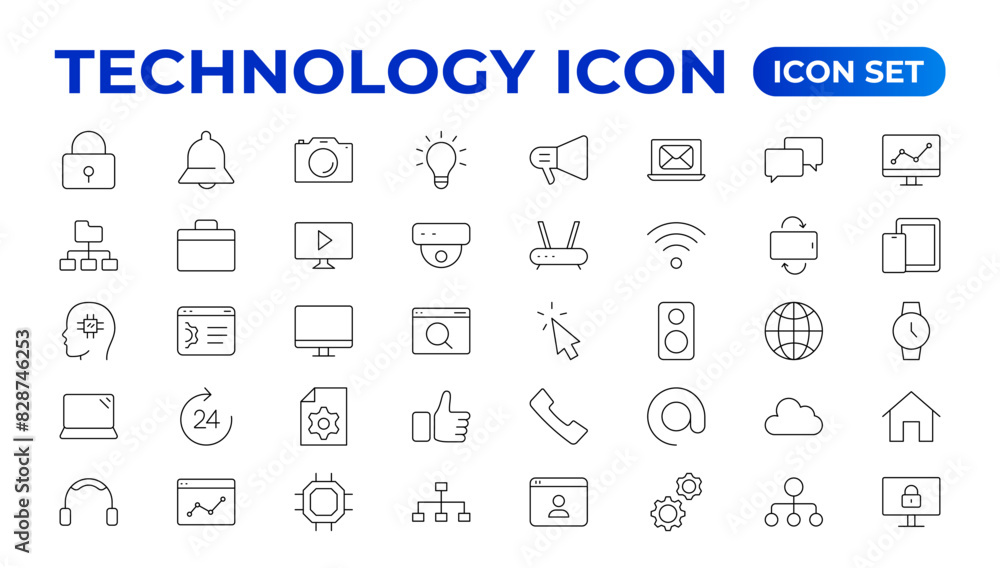 Poster technology line icons. technological and device in various industries. icons for websites, applicati