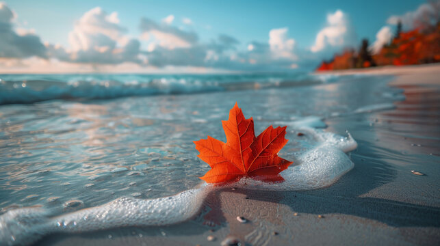 autumn symbolism, close-up of a red maple leaf gracefully drifting in the ocean by a sandy shore, hinting at autumns arrival, with room for personalized text