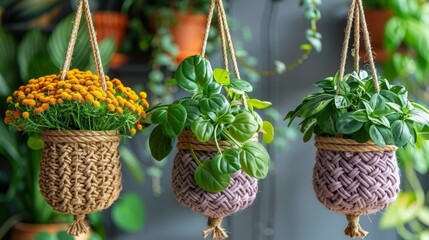 boho macrame decor, elevate your space with these handcrafted macrame plant hangers suspended from wooden dowels, blending nature and style seamlessly