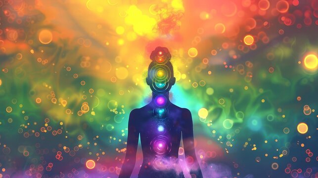 harmonious energy flow woman with vibrant chakras mindbodyspirit balance holistic wellbeing concept colorful digital illustration