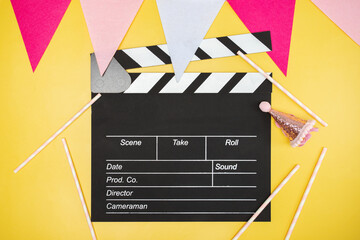Birthday decorations and cinema clapper, Happy birthday celebration, Party hats,movie ticket...