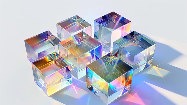 Fototapeta holographic 3d crystal glass cubes with light refraction on white background abstract