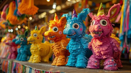 Fototapeta premium brightly colored pinatas lined up at a lively san antonio market evoke a vibrant and traditional fiesta celebration atmosphere