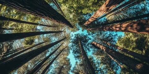 Majestic view of towering redwood trees converging towards the sky in a dense forest