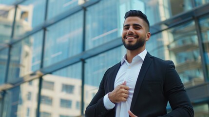 Fototapeta premium Successful Arab businessman smiling in front of office building.