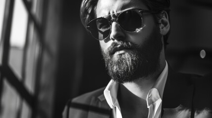 Fototapeta premium Stylish bearded businessman in black and white photo.