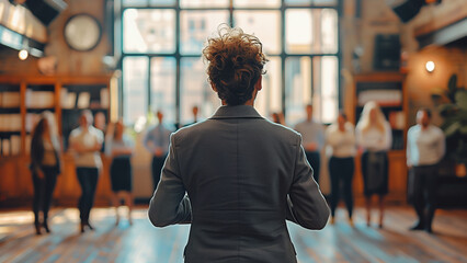 Back view of a business leader stands in front of an audience in a modern indoor setting, addressing a team. Ideal for leader and leadership contents.