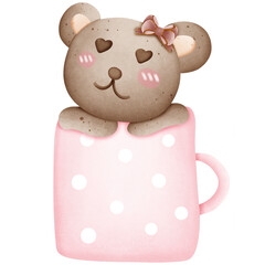 Cute brown bear with pink bow on head in cup isolated on transparent background