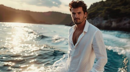 Handsome man wearing white clothes posing in sea scenery