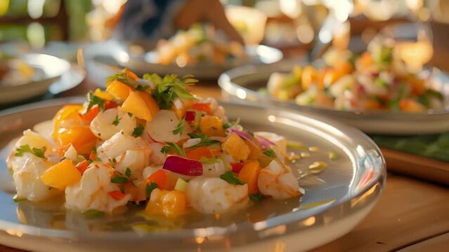 Plates of fresh ceviche made with locally caught seafood and tropical fruits a fusion of flavors that highlights the best of both land and sea.