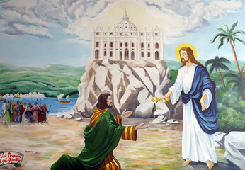 Jesus gives the keys to Saint Peter, painting in church parish church of the Saint Joseph the...