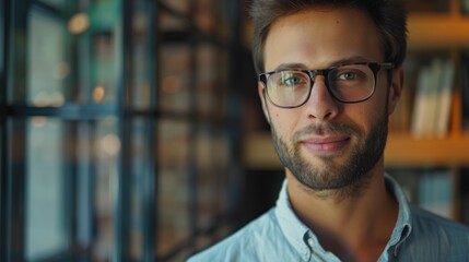 Obraz premium Confident businessman in glasses smiling for headshot portrait.