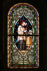 Saint Aloysius, stained glass window in the parish church of the Immaculate Conception in Mace,...