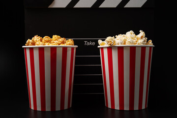 Popcorn bucket salty and sweet and Cinema clapper board , classic striped box, movie theater treat
