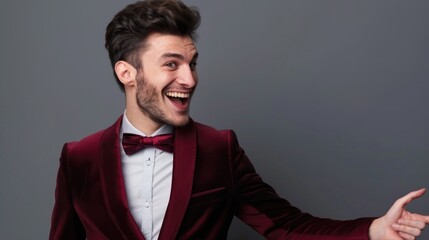 Obraz premium Portrait of cheerful handsome man in formal outfit pointing at blank space.