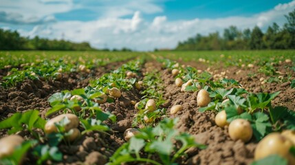 Fototapeta premium Potatoes laying on the ground in a potato field