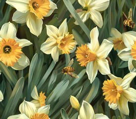 Fototapeta premium Radiant Daffodils in a Lush Spring Meadow with Bees Gathering Pollen Nostalgic Oil Painting Style