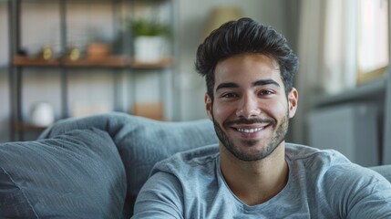Obraz premium Happy mid adult man on sofa smiling at camera.
