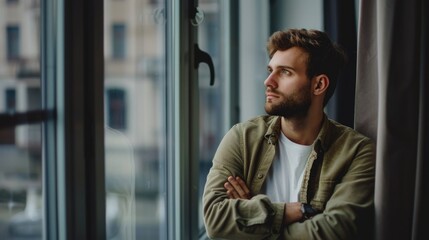 Portrait of young man with crossed hands near in window.