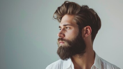 Obraz premium Confident bearded man with stylish hair in white shirt