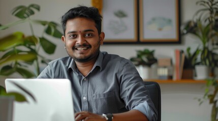 Naklejka premium Indian man working and studying from home office.