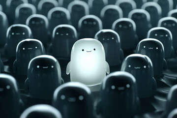 Obraz premium Bright figure standing out among dark crowd symbolizing uniqueness and leadership. Individuality, exclusivity, and the importance of standing out in business, recruitment, and talent selection