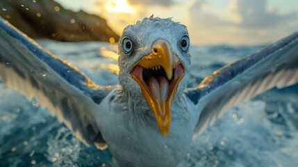 monster seagull bird in flight with open beak. 