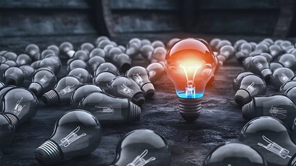 One of Lightbulb glowing among shutdown light bulb in dark area with copy space for creative thinking , problem solving solution and outstanding concept by 3d rendering technique
