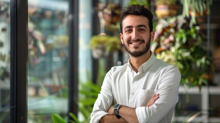 Confident young Arab man standing in office with arms crossed.
