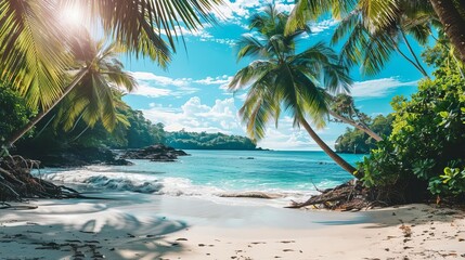 Fototapeta premium idyllic tropical beach paradise with turquoise water and lush palm trees landscape photography