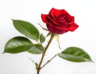 Obraz premium Single Red Rose With Green Leaves on White Background isolated