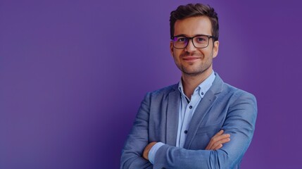 Confident young businessman in glasses and suit  smiling on purple background